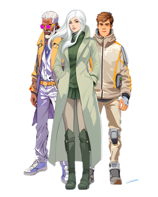 Stylized futuristic characters from the Dream Glitcher sci-fi narrative universe